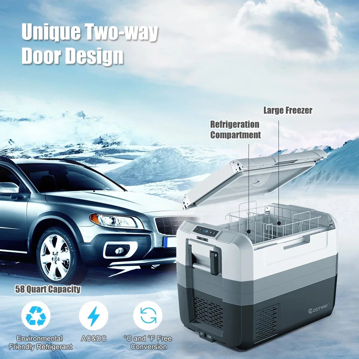 Costway 58 Quart Portable Electric Car Refrigerator Freezer - Dual Zone