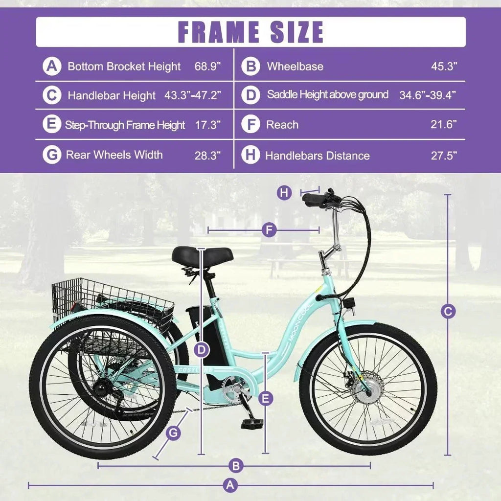 Docred 24in Electric Tricycle, 7 Speed 3 Wheel E-Bike With Large Basket, 350W 36V 10.4Ah - 15.5 MPH
