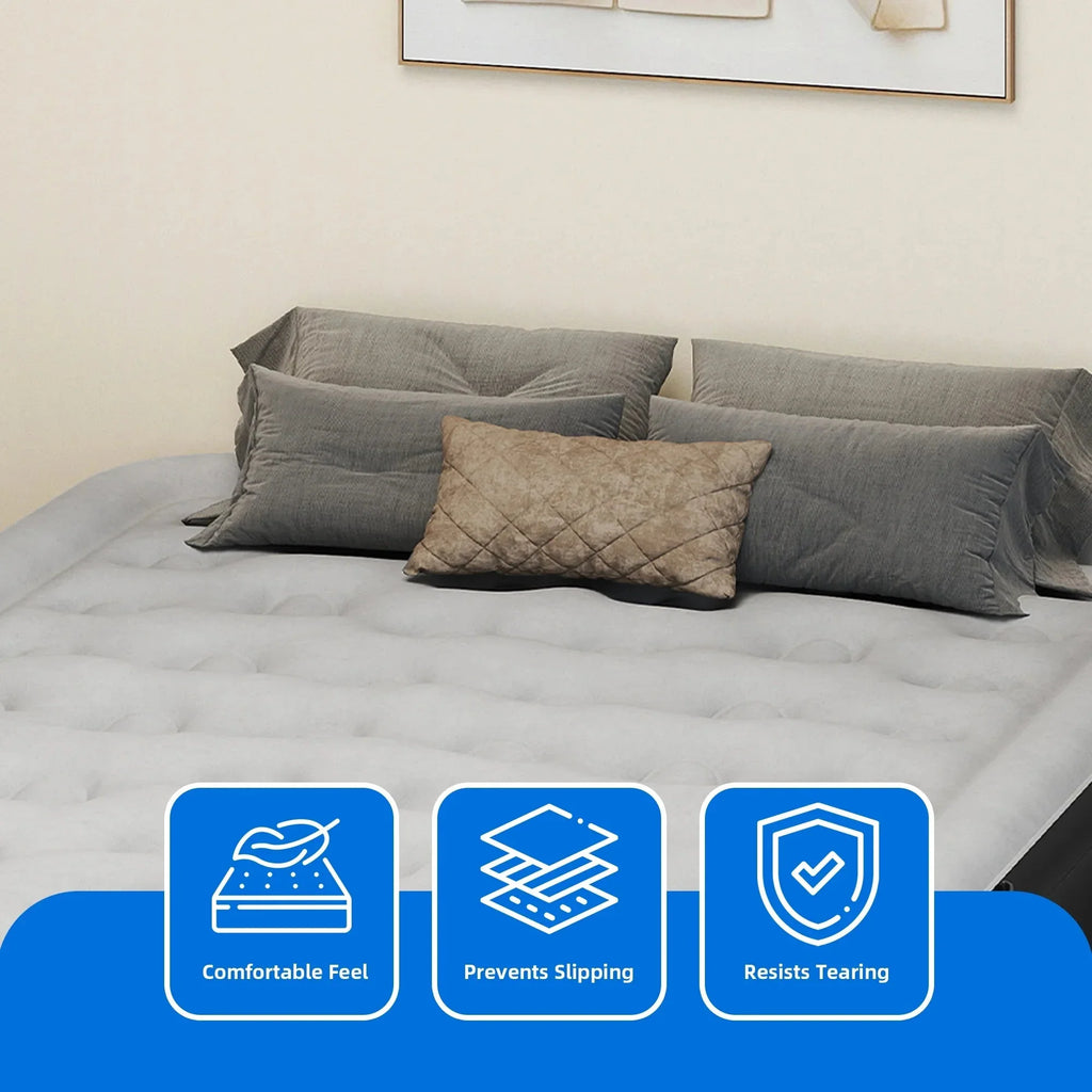 Dextrus Inflatable Queen Air Mattress With Built-In Pump, Steel Frame, Velvet Surface, Khaki