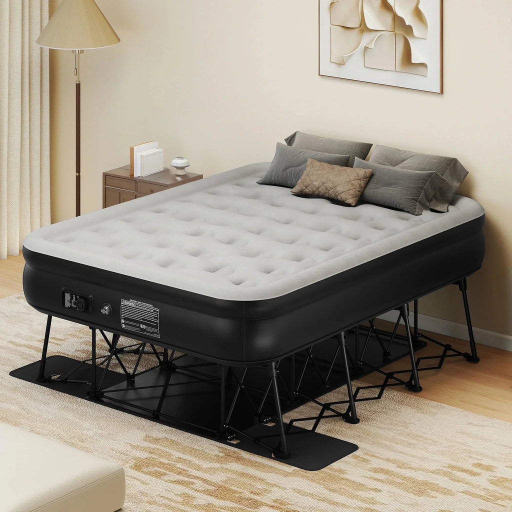 Dextrus Inflatable Queen Air Mattress With Built-In Pump, Steel Frame, Velvet Surface, Khaki