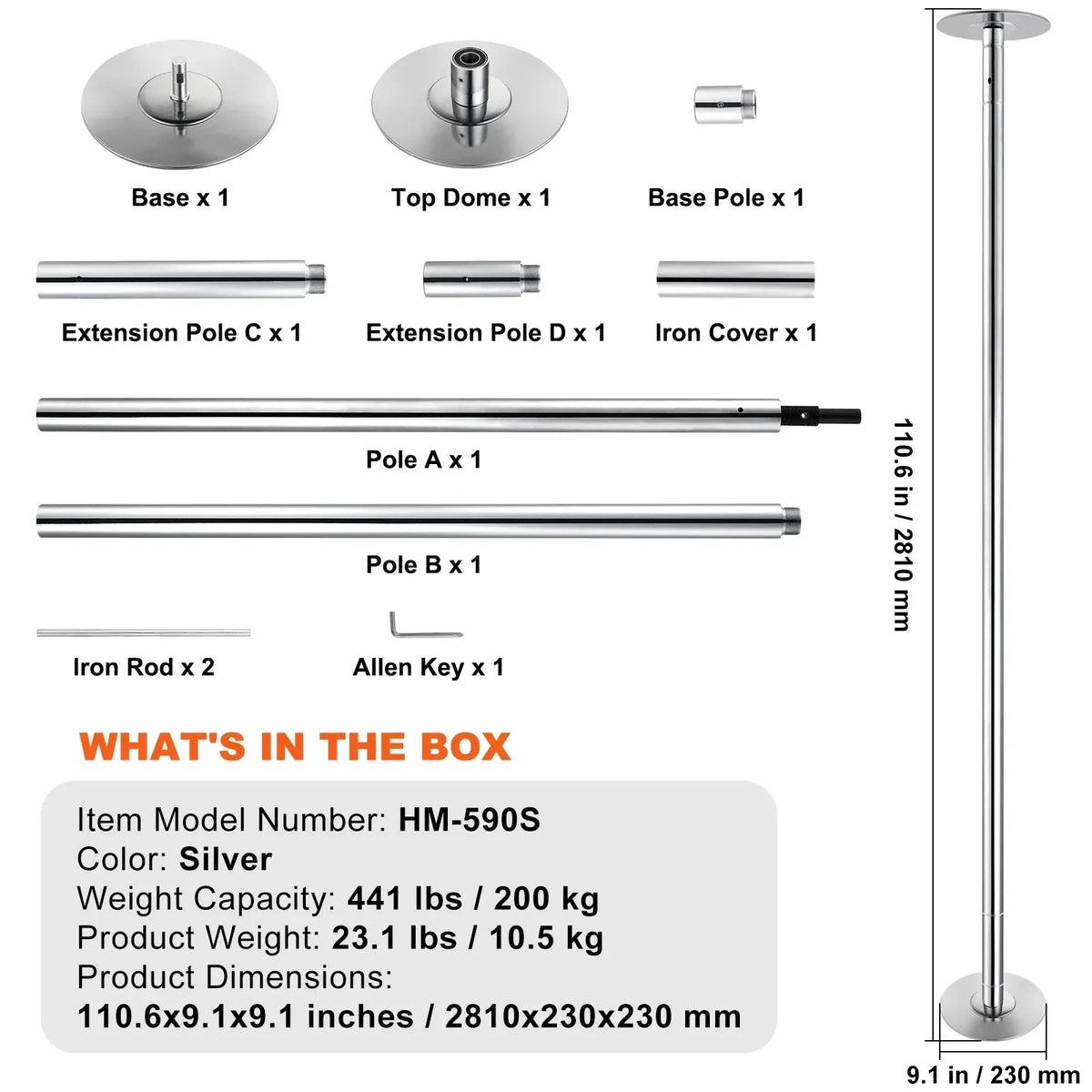 KFFKFF Dance Pole Set, 45mm Stainless Steel, Silver - HM-590S