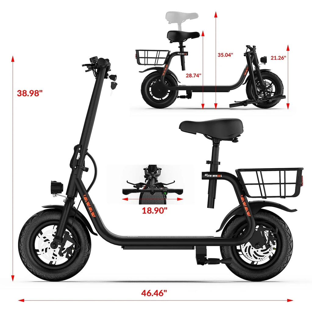 5TH WHEEL Electric Scooter With Seat And Carry Basket, 450W, 36V, 20-Mile Range, 15.5 Mph, 12 Inch - W18S