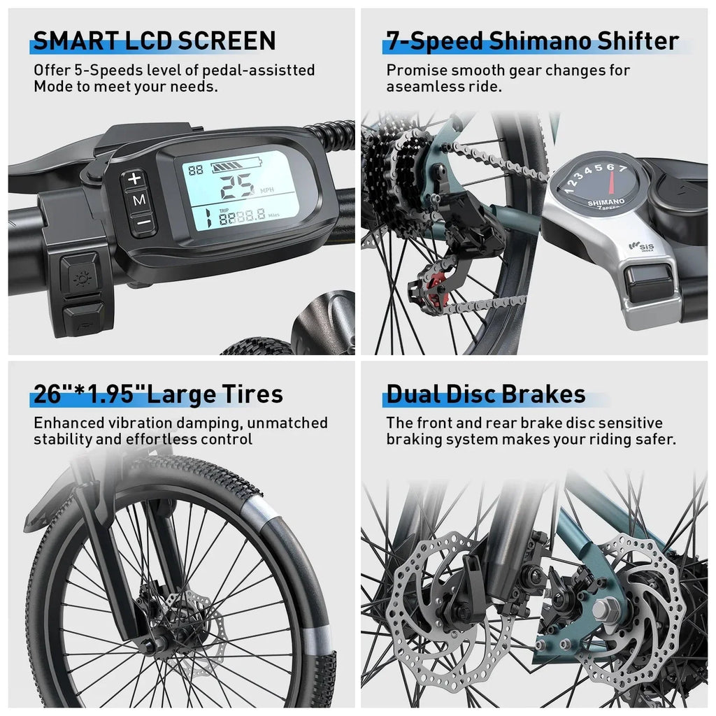 26 in Adult Electric Bike, 400W Motor, 25 MPH Top Speed, 40 Miles Range