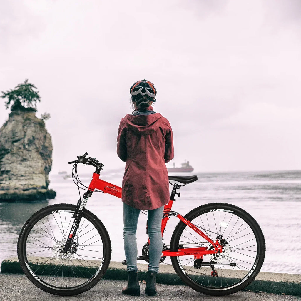 iRerts 26 Inch Folding Adult Mountain Bike, 21 Speed, Dual Disc Brakes, Red/Black