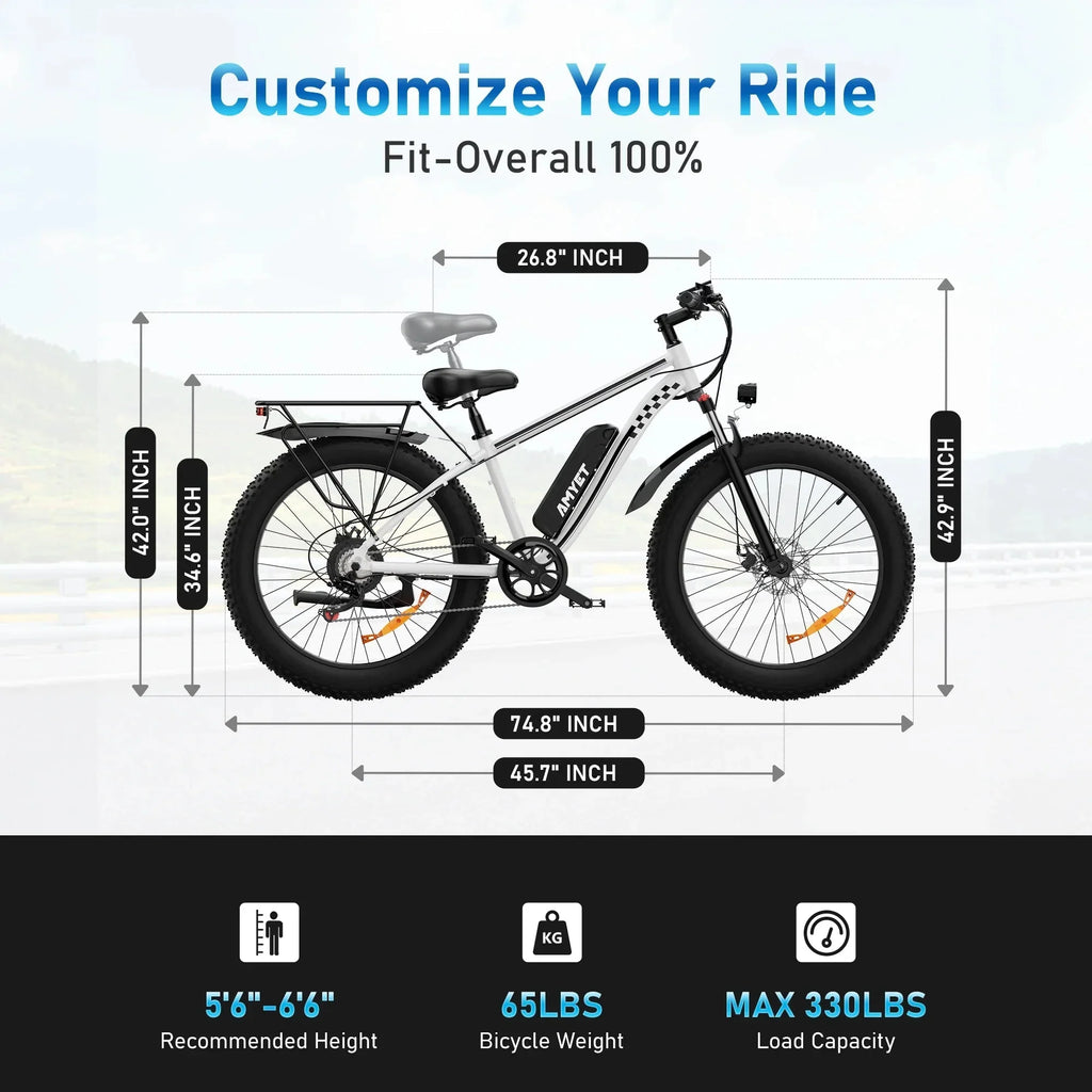 AMYET 26 x 4 Fat Tire Electric Mountain Bike, 48V 15Ah, 7-Speed - EB26