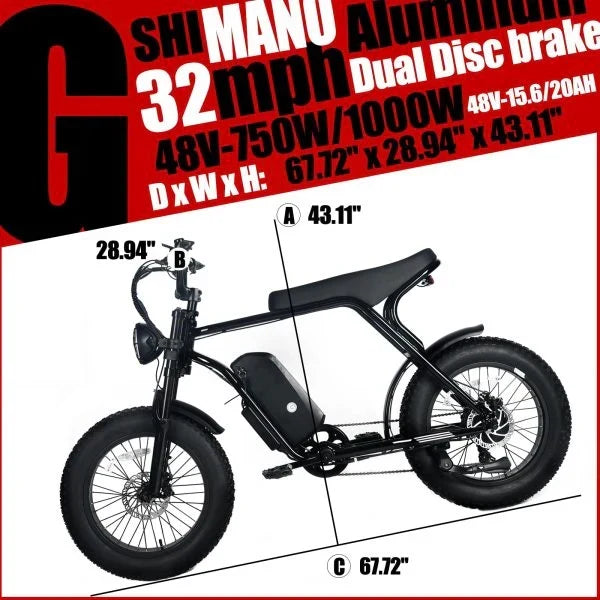 Electric Mountain Bike For Adults With 20 x 4.0 Fat Tires, 1000W Motor, 48V 20Ah Removable Battery, 45MPH Speed, 7-Speed