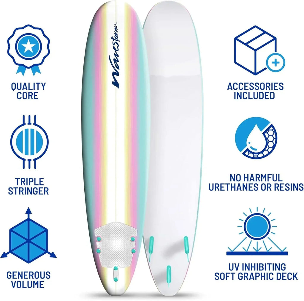 8ft Soft Top Foam Surfboard, EPS Core, 3 Stringers, Wax-Free Longboard, 200lb Capacity