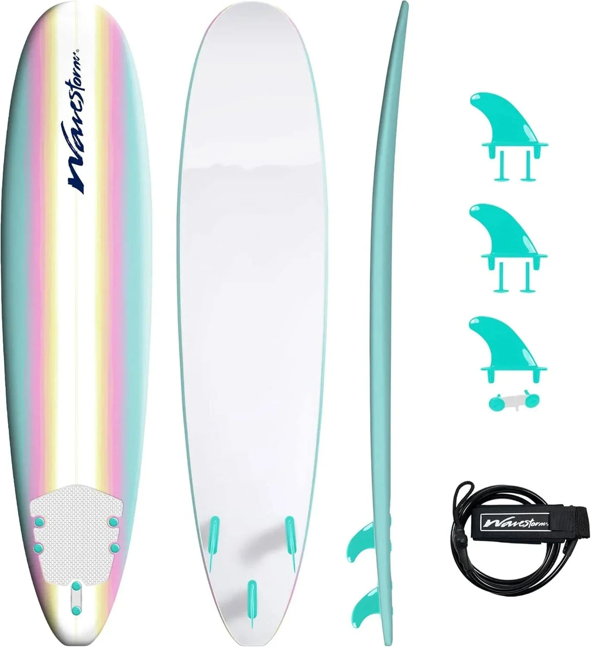 8ft Soft Top Foam Surfboard, EPS Core, 3 Stringers, Wax-Free Longboard, 200lb Capacity