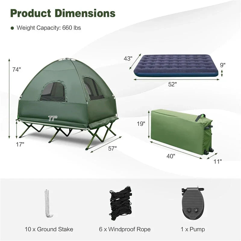 5-in-1 2-Person Portable Camping Tent Cot With Air Mattress, Sleeping Bags And Sunshade - Green & Blue
