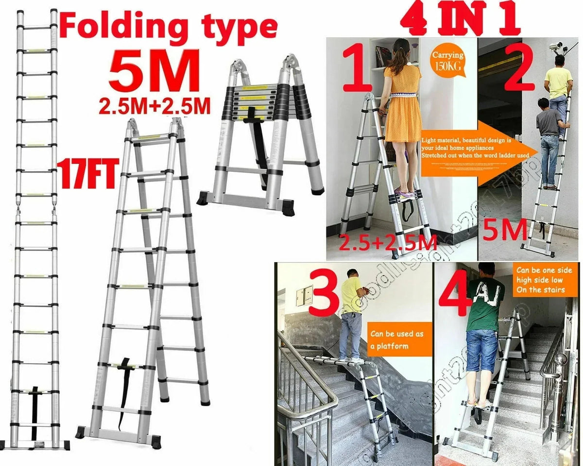 Bowoshen Telescopic Ladder 16.5 ft Aluminum 8 x 2 Steps 330 lb