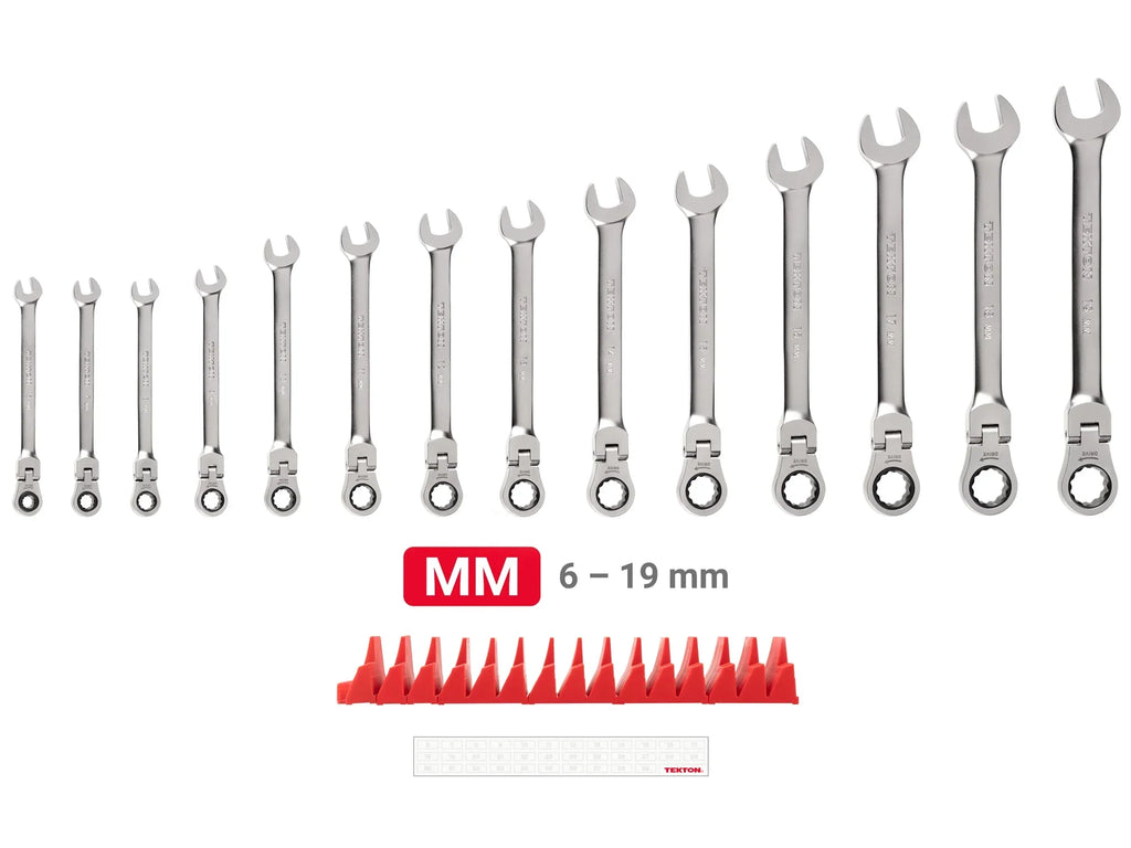 TEKTON Flex Head 12-Point Ratcheting Combination Wrench Set, 14-Piece (6-19 mm) - WRC95302