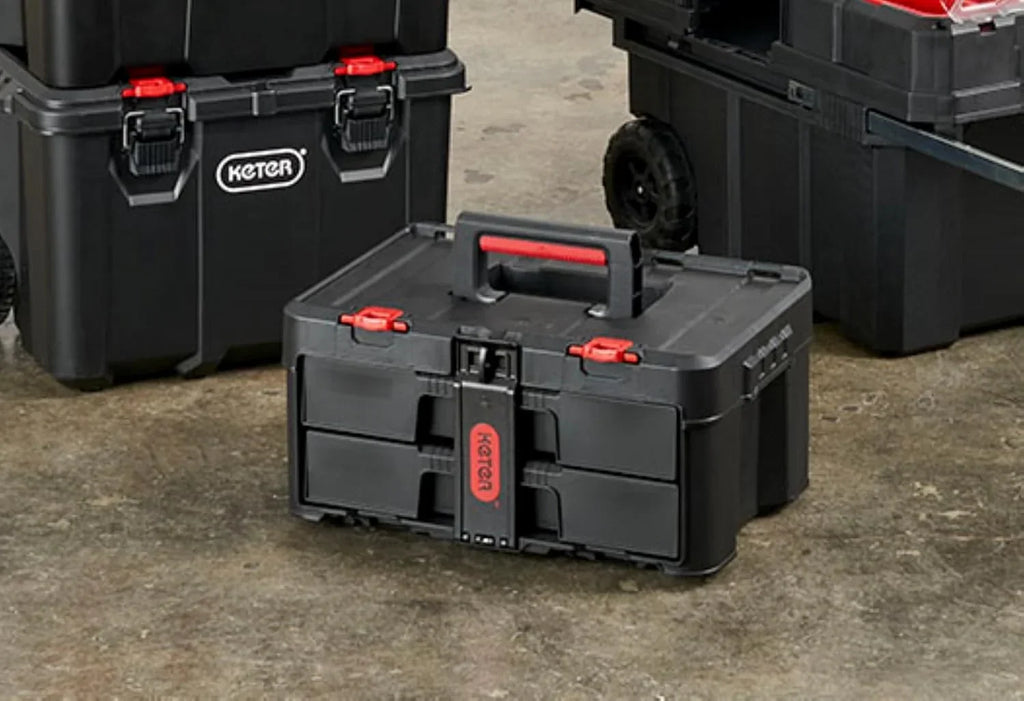 Keter Rolling Tool Box System, 3 Piece, Black/Red - 3 Piece Resin Modular Toolbox System