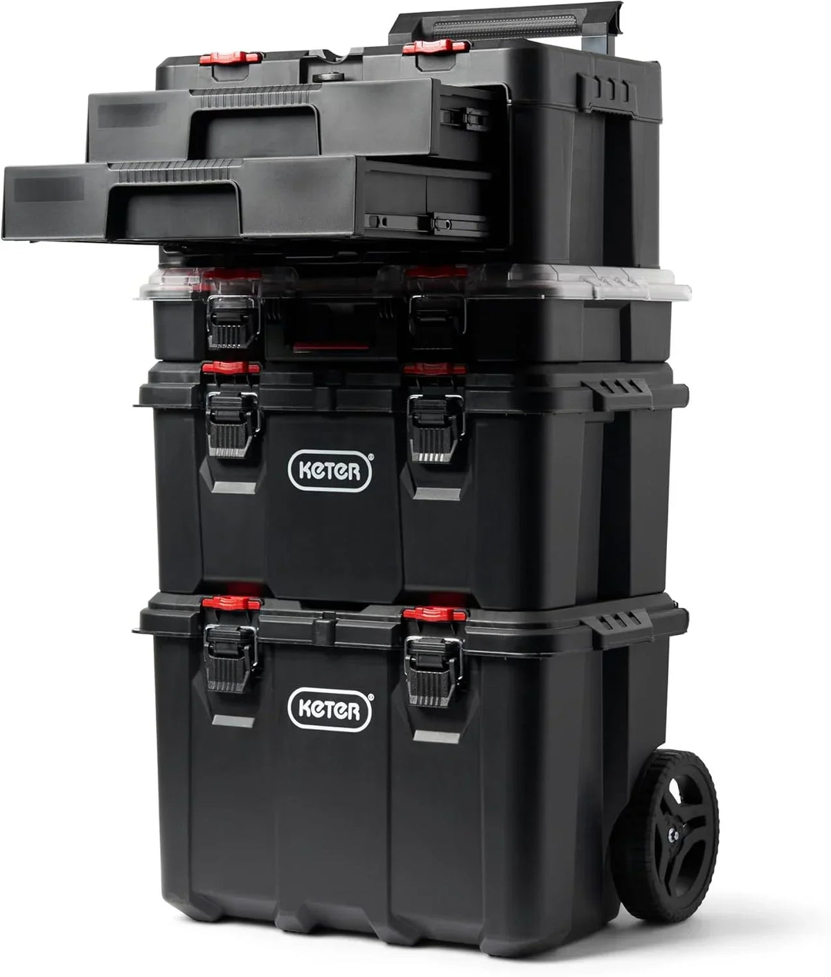 Keter Rolling Tool Box System, 3 Piece, Black/Red - 3 Piece Resin Modular Toolbox System