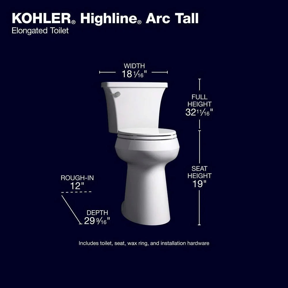 KOHLER Highline Arc Extra Tall Elongated Toilet, White, 1.28 GPF, 2-Piece - 78305-0