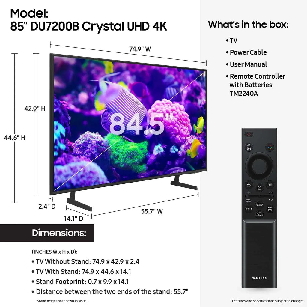 Samsung 85 inch Crystal UHD 4K Smart TV With PurColor And HDR - DU7200B