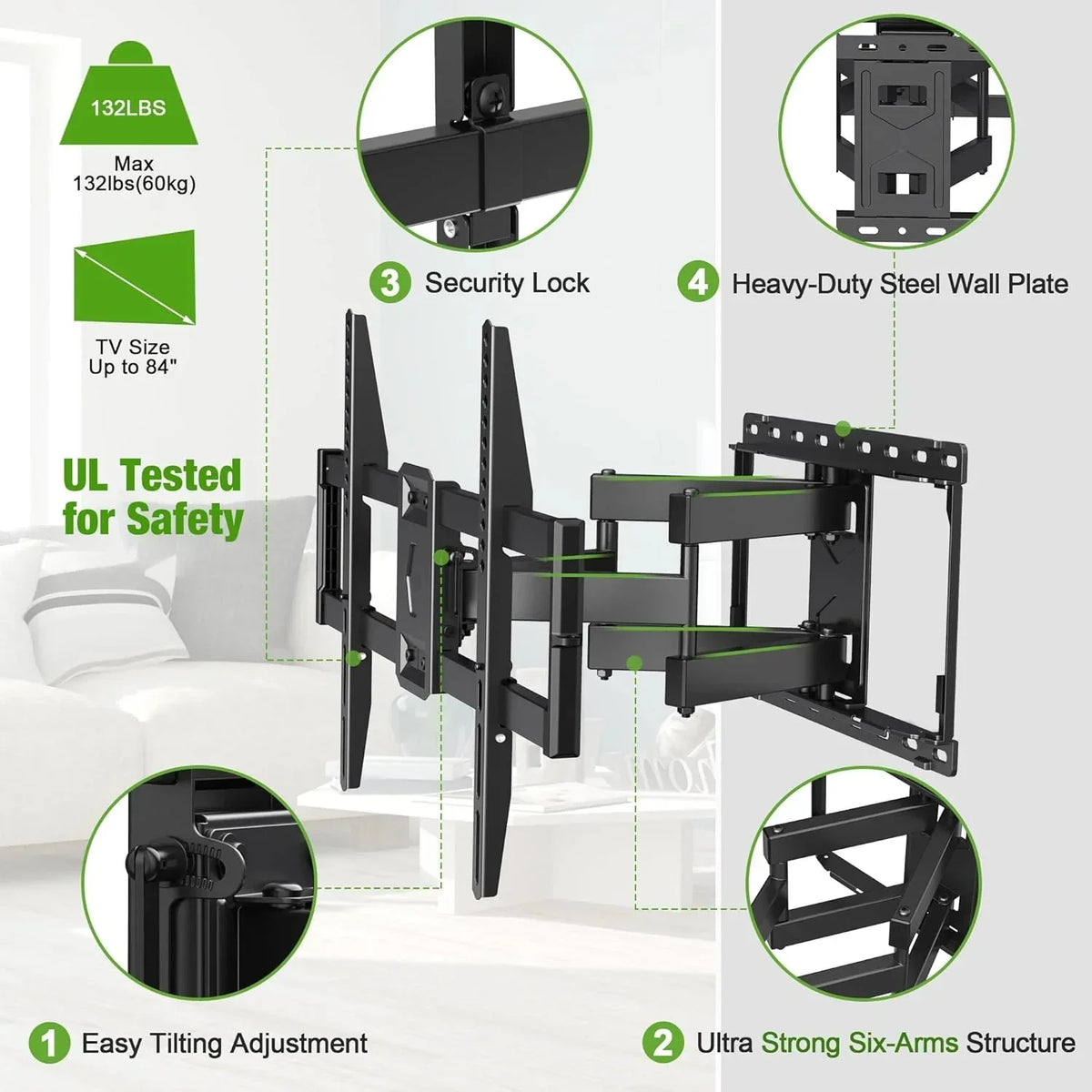 TV Wall Mount for Most 42-86 Inch Flat Screen TVs, 132 lbs - Full-Motion Swivel Tilt Bracket