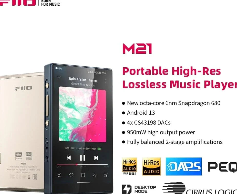 FiiO Hi-Res Music Player, Android 13, Snapdragon 680, 64 GB, Blue-Black - M21