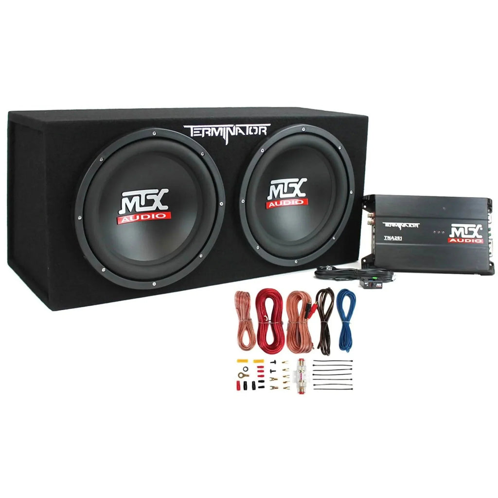 MTX Terminator Dual Loaded 12in 1200W Car Subwoofer Enclosure With Amplifier And 8-Gauge Amp Kit